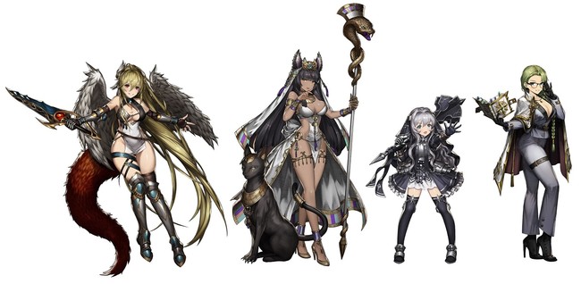 左から　シンダー（☆5カイナの助力者、
CV：松田颯水さん）、
クレイ（☆5アヌビスの助力者、
CV：行成とあさん）、
 グロウリン（☆5グロリアの助力者、
CV：春野杏さん）、
エレシア（☆3アリネスの助力者、
CV：皆森水希さん）