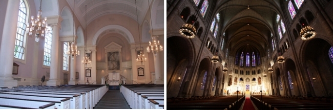 （左）ユニタリアン教会　大聖堂（右）リバーサイド教会　大聖堂