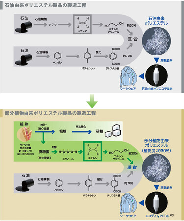 石油由来ポリエステル製品と部分植物由来ポリエステル製品の製造工程の違い