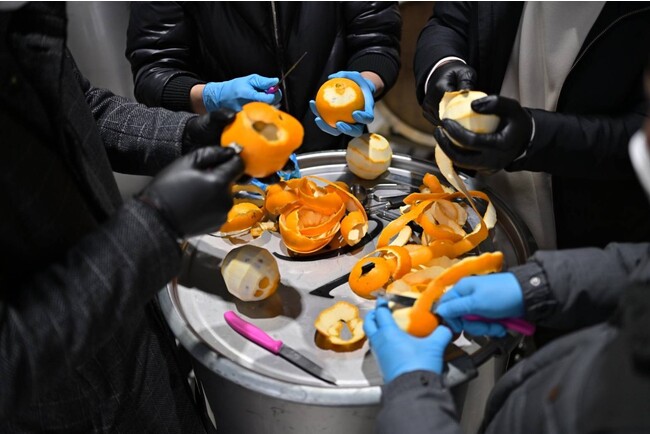 4人のシェフが柑橘の皮を1つずつ丁寧にむき、蒸留を手伝ったもの photo by chamoro 4人のシェフが柑橘の皮を1つずつ丁寧にむき、蒸留を手伝ったもの photo by chamoro