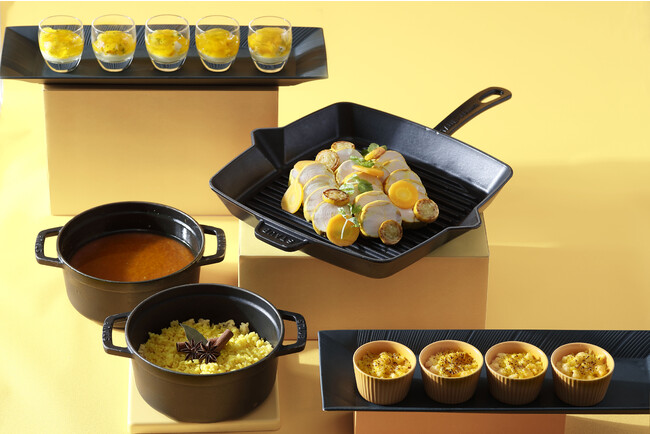 上から:イエローキャロット サフランのジュレ スモークした白身魚、ローストチキンレッグ ココナッツカレーソース、カリフラワーのグラタン マッシュポテト カリフラワー ターメリック 上から:イエローキャロット サフランのジュレ スモークした白身魚、ローストチキンレッグ ココナッツカレーソース、カリフラワーのグラタン マッシュポテト カリフラワー ターメリック