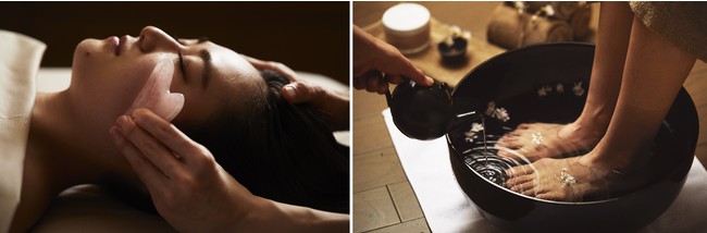 「ラディアンス フェイシャル」※イメージ(左)、温めた桜湯を使用したフットマッサージ(右) 「ラディアンス フェイシャル」※イメージ(左)、温めた桜湯を使用したフットマッサージ(右)