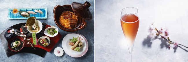 日本料理「水暉」SAKURA特別メニュー（左）、「桜スパークリングティー」（右）