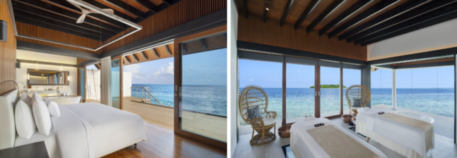 左から:ウェスティン・モルディブ・ミリアンドゥーリゾートの水上ヴィラ/Heavenly Spa by Westin(TM)(ヘブンリースパバイウェスティン) 左から:ウェスティン・モルディブ・ミリアンドゥーリゾートの水上ヴィラ/Heavenly Spa by Westin(TM)(ヘブンリースパバイウェスティン)