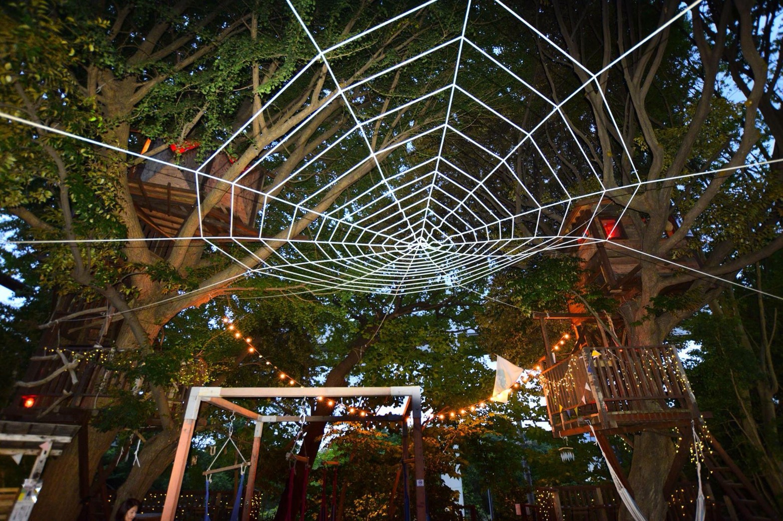 巨大な蜘蛛の巣が上空に出現 ツリーハウスの森カフェ 椿森コムナ 株式会社拓匠開発のプレスリリース