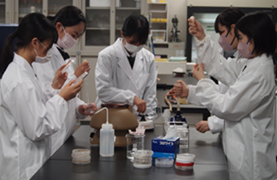 培養実験で生分解性プラスチックの原料を抽出する愛媛大学附属高等学校の生徒