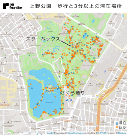 上野公園　歩行と3分以上の滞在場所