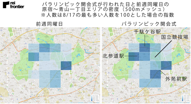 パラリンピック開会式が行われた日と前週同曜日の原宿～青山一丁目エリアの密度（500mメッシュ）