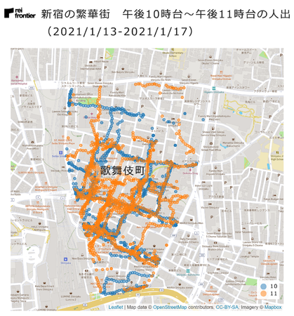 新宿の繁華街　午後10時台～午後11時台の人出　2021年1月13日～2021年1月17日