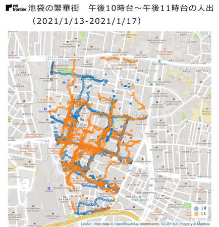 池袋の繁華街　午後10時台～午後11時台の人出　2021年1月13日～2021年1月17日