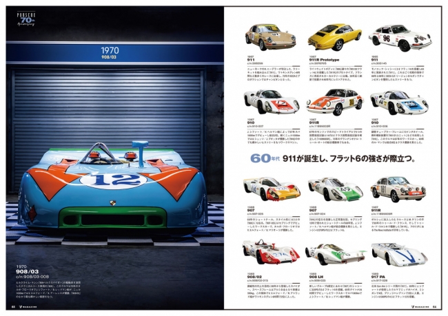 ポルシェの特集では全車シャシーナンバーも掲載したページも。歴代のポルシェ、レーシングモデルがいかに強かったかが、わかります。