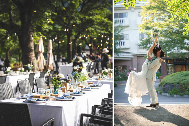 湖畔庭園でのフラワーシャワー（画像左）｜外国人カップルのウェディングも人気 (C)cuore wedding（画像右）