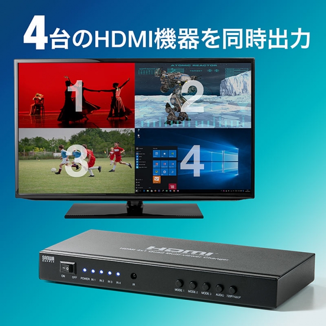 4台のHDMI機器映像を1台の画面に分割表示できるHDMI画面分割切替器を10