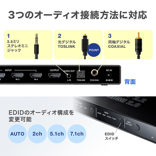サンワダイレクト HDMIセレクター 4入力×1出力 光、同軸デジタル出力付き 1080p対応 リモコン付 HDMI切替器 400-SW01 - 3