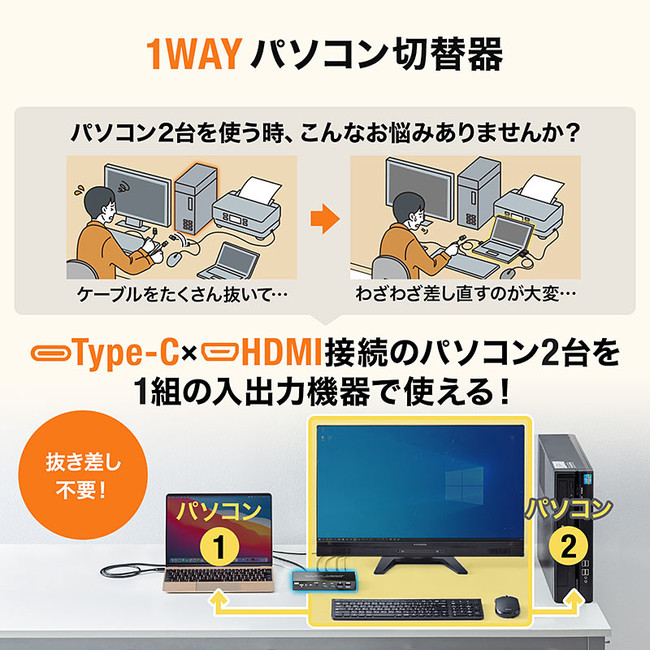 Type-CとHDMIの2台のパソコンを切り替えて使用できるパソコン切替器を8