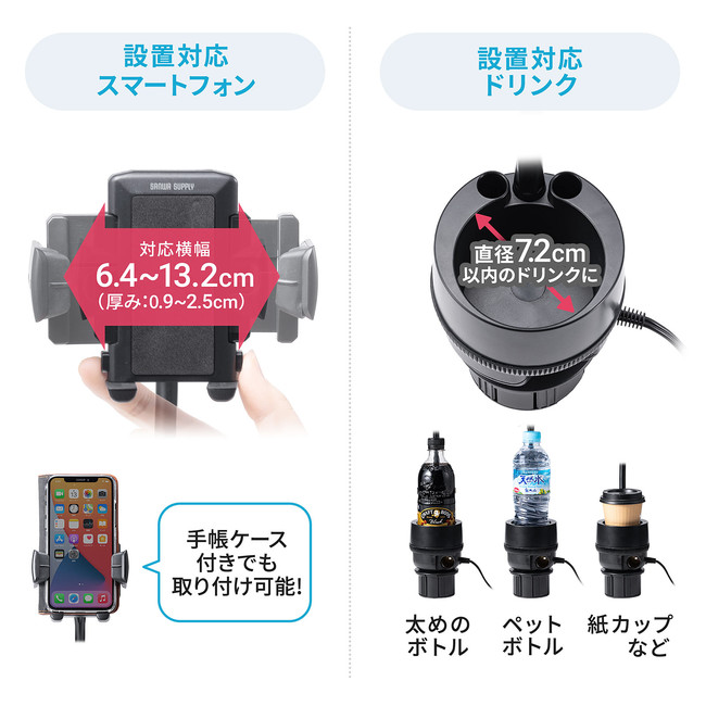 スマホと飲み物を置けて、充電・給電も行えるスマホ車載ホルダーを12月24日発売｜サンワサプライ株式会社のプレスリリース