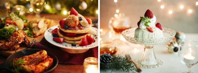 ▲左）クリスマスパーティーBOX、右）ホワイトチョコとクリームチーズのパンケーキ