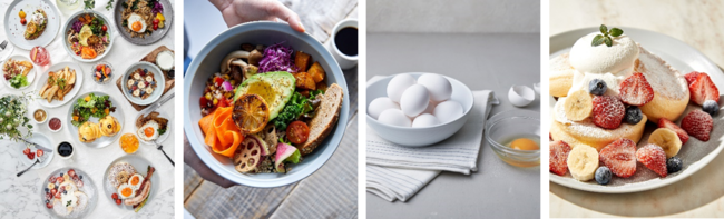 ▲左から）“Egg Farm to Table”メインビジュアル、サブビジュアル、竹鶏ファームのたまご、奇跡のパンケーキ フレッシュフルーツ