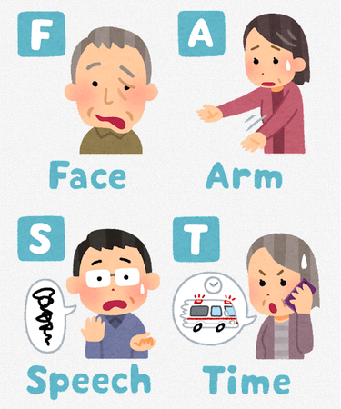 FAST 顔（Face）や腕（Arm）の麻痺、言葉（Speech）が上手く出ないといった症状が１つでもあれば、急いで（Time）救急車を呼びましょう。