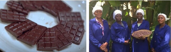 （左）講座で作ったオーガニックチョコレート （右）当社が直接取引しているウガンダの農場の皆さん
