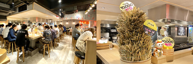 左：開店イベントで賑わう渋谷店の様子。右：10000本の串で作ったイベントオブジェ（2021年6月撮影）