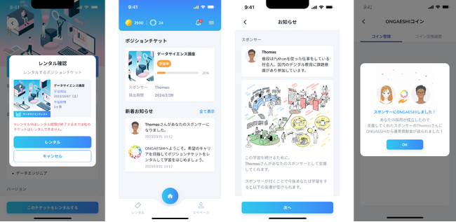 左から： １.支援したいタレントを選び、購入したポジションNFTを貸出す ２.支援したいタレントはスキル・資格、自己PR文章などから決められる ３.支援したタレントの講座進捗を確認 ４.タレントが転職するとトークンが付与されONGAESHIされる（今後リリース予定