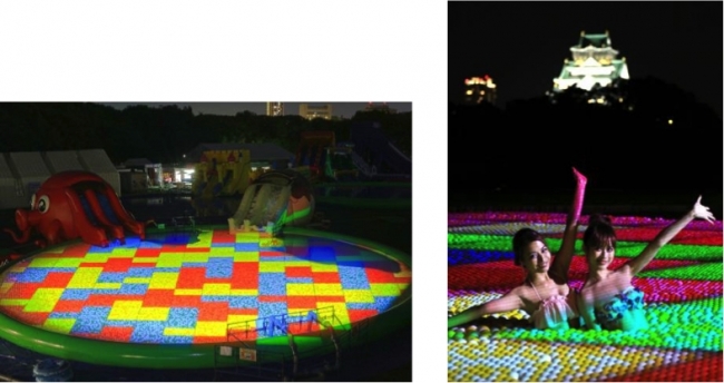 大阪城ウォーターパーク By ハウステンボスプールに浮かぶカラーボールを使った幻想的なマッピング 夜も涼しく楽しい ナイトプール 新エリア登場 ハウステンボス株式会社のプレスリリース