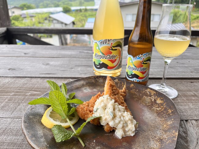 揚げ物と相性がいいNanyo Cider 2022。料理は、白身魚のフライ、タルタルソース添え。