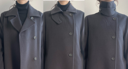 左：チェスターコート／中央：タブ付きステンカラーコート／右：スタンドカラーコート