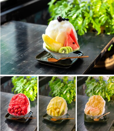 写真上より時計回りに：銀座発・しろくまかき氷、その名も「銀くま（フルーツ×ミルクソース）」、「桃くま（桃）」、「緑くま（メロン）」、「赤くま（苺）」※メニューは季節によって変わります。