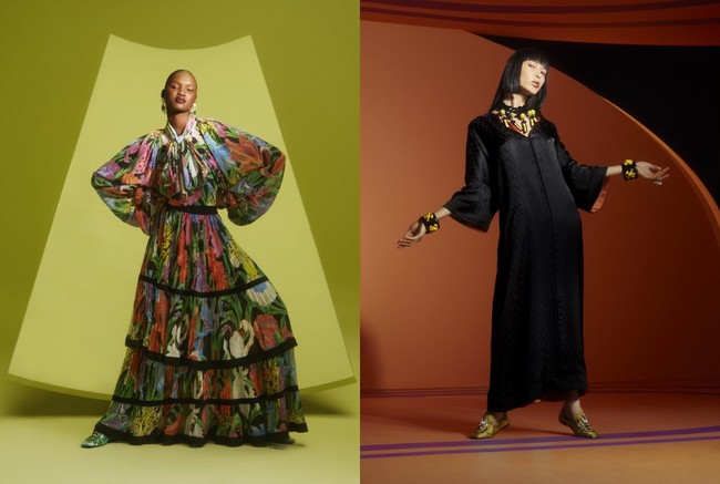 H&M レディース 「Iris Apfel x H&M」コレクション パターンボウカラーブラウス￥6,999 パターンマキシスカート￥16,999 ジャカードカフタン￥9,999 カフバングル￥8,999