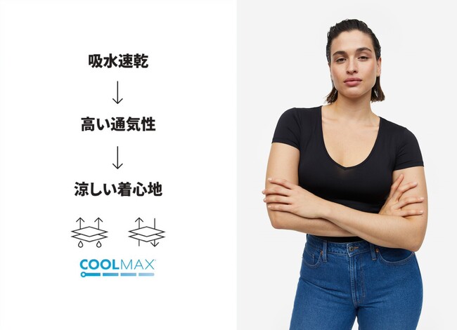 H&M 2023年最新ウィメンズウェア ベーシックアイテム 「COOLMAX(R)（クールマックス）」 VネックTシャツ ￥999