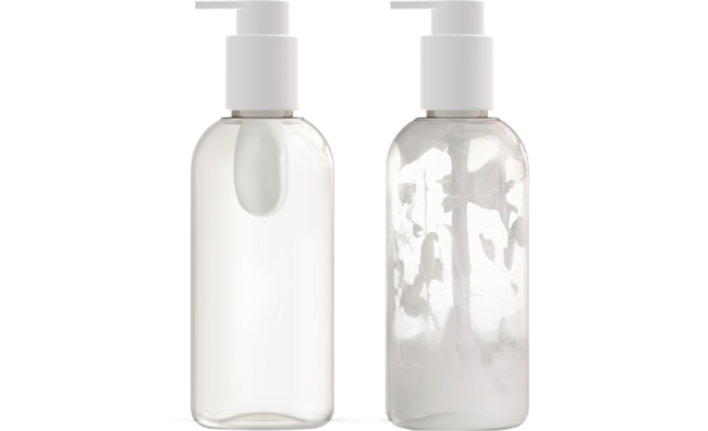 左：サステナブル化粧品ボトル、右：通常ボトル