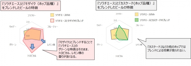 図1　「ソラチエース」と他のフレーバーホップとのブレンドによる香りの特長の変化