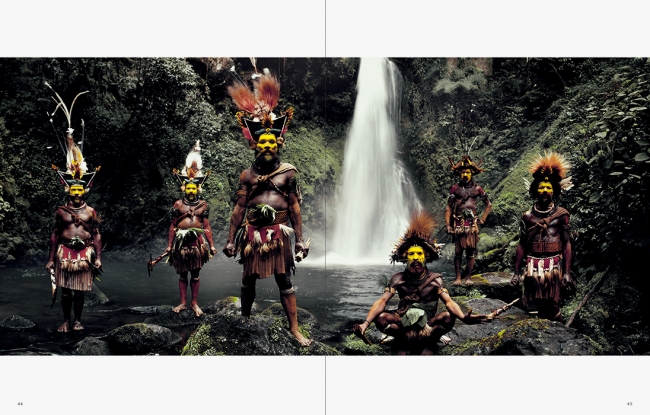 【フリ／パプアニューギニア】最大の高地部族であるフリ・ウィッグメン（かつら男）は、顔を黄色と赤と白に塗り、自分の髪でかつらをつくる。それはオウムと極楽鳥の羽で飾られ、羽毛を付けた帽子のようにも見える。（2010年撮影）