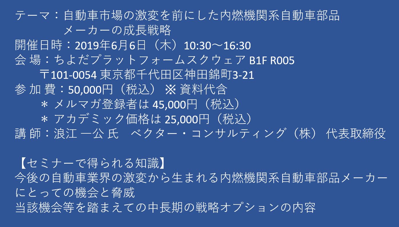 セミナーご案内 自動車市場の激変を前にした内燃機関系自動車部品メーカーの成長戦略 6月6日 木 開催 主催 株 シーエムシー リサーチ Cmcリサーチのプレスリリース