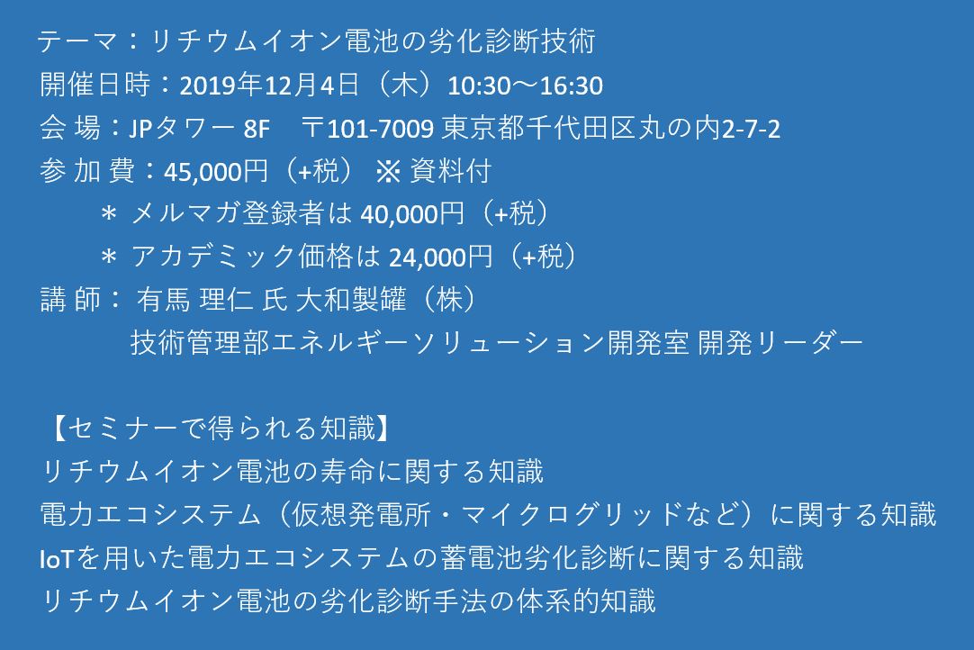 セミナーご案内 リチウムイオン電池の劣化診断技術 12月4日 木 開催 主催 株 シーエムシー リサーチ Cmcリサーチのプレスリリース