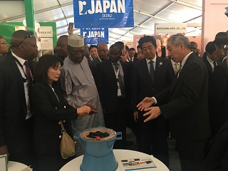 安倍内閣総理大臣およびデビー　アフリカ連合議長（左から3人目／チャド共和国大統領）のブースご訪問