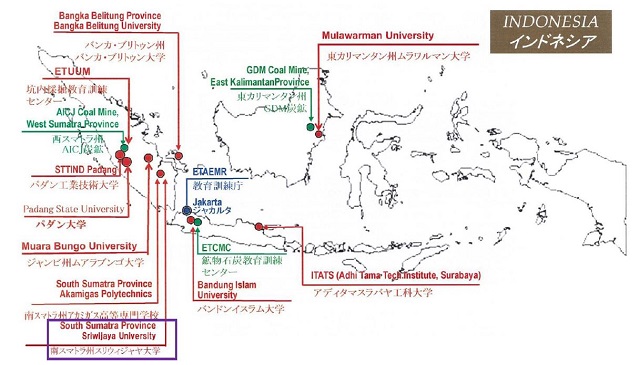 平成27年度インドネシア派遣研修実施予定場所　（セミナー研修実施場所は赤で表示）