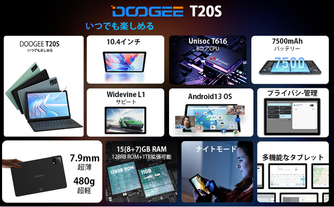 Amazon新品登場】DOOGEE T20S タブレット 15GB+128GB/Unisoc T616 8