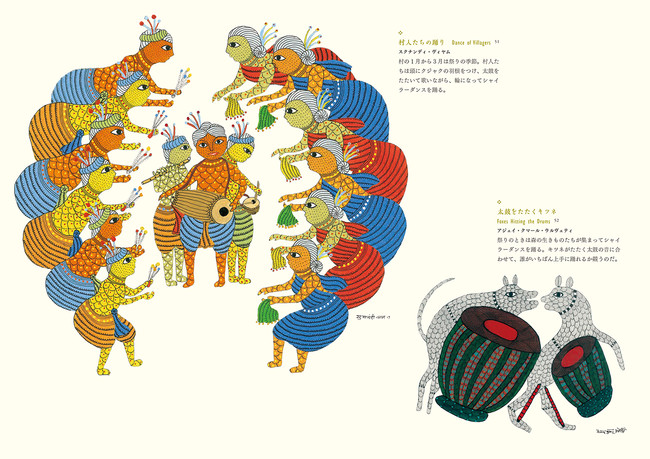 左：村人たちの踊り／スクナンディ・ヴィヤム（画）　右：太鼓をたたくキツネ／アジェイ・クマール・ウルヴェティ（画）