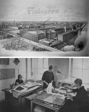 〈写真上 フィンレイソン工場(1839)下 1950代の同社デザインスタジオ〉