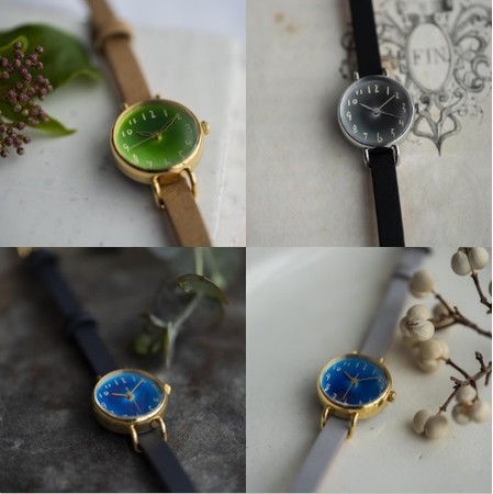左上：新緑に見惚れる腕時計〈木肌色〉、右上：夜空に見惚れる腕時計〈黒鍵色〉、左下：藍月に見惚れる腕時計〈紺青色〉、右下：藍月に見惚れる腕時計〈白銀色〉