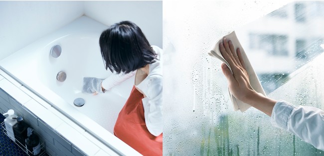 洗剤いらずで汚れを落とすバスミトンと、窓の水滴をスッキリ除去できる吸水クロス