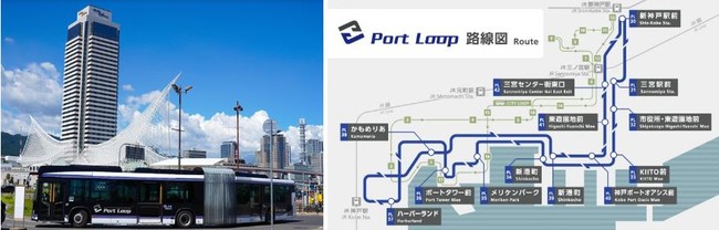 神姫バスの連節バス「Port Loop」と路線図