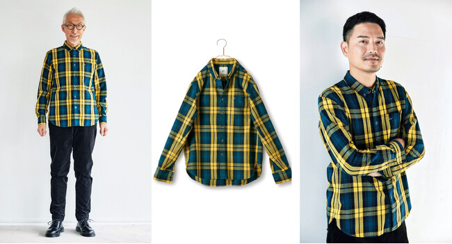 メンズ用はボタンダウンデザインで、胸もとにはふたりのトレードマークのメガネの刺しゅうがはいっています メンズ用はボタンダウンデザインで、胸もとにはふたりのトレードマークのメガネの刺しゅうがはいっています