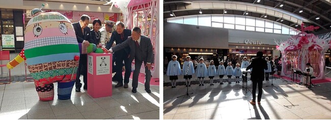 左：点灯ボタンを押す瞬間／右：東京荒川少年少女合唱隊