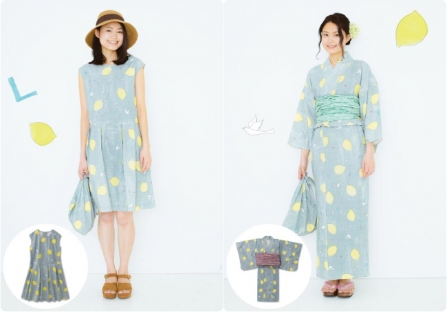 京都Subikiawa食器店さんとつくった レトロなレモン柄の夕涼みワンピース（左）、レモン柄の浴衣（右）