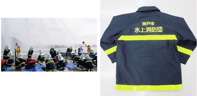 ［左：神戸市消防団の訓練風景　右：神戸市消防団の活動服］