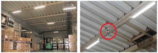 左：LED照明システムを導入したセッツ株式会社 本社事業場物流倉庫、右：LED照明とネットワークカメラ